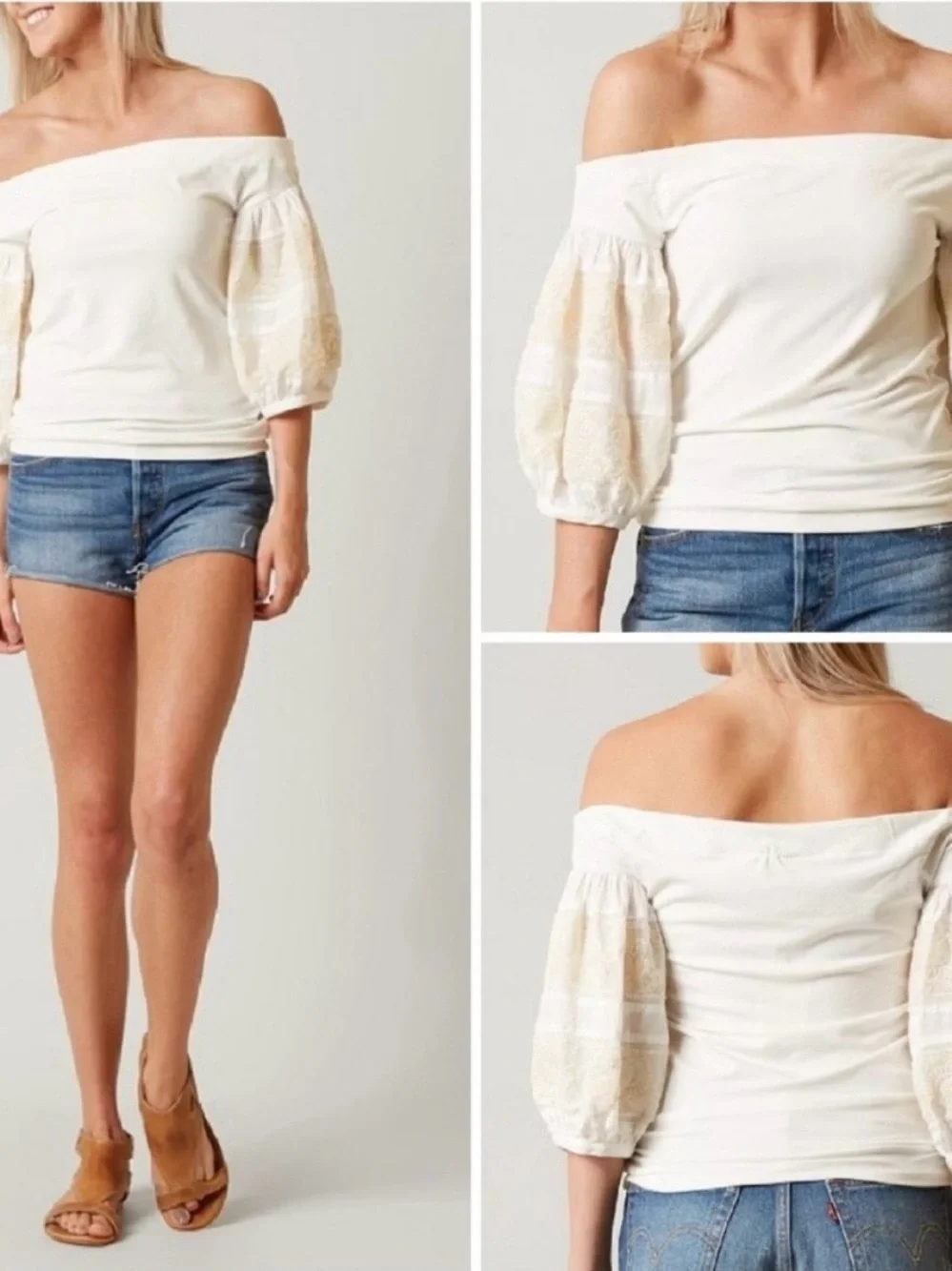 Free People White Off-Shoulder Embroidered Puff Sleeve Top size Medium